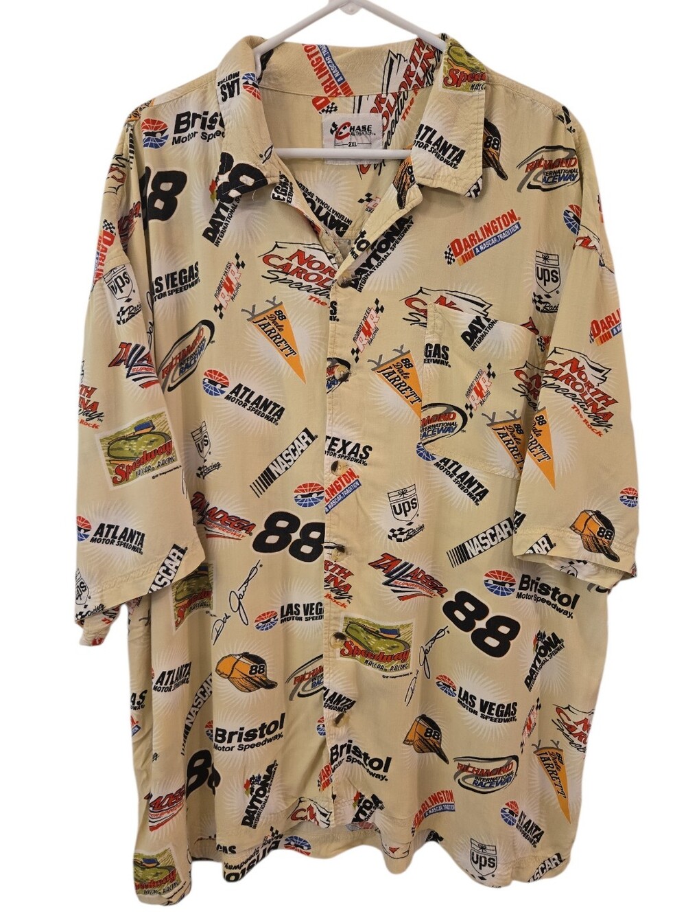 VTG DALE JARRETT #88 NASCAR ALL OVER PRINT HAWAIIAN BUTTON-UP SHIRT. SZ 2XL